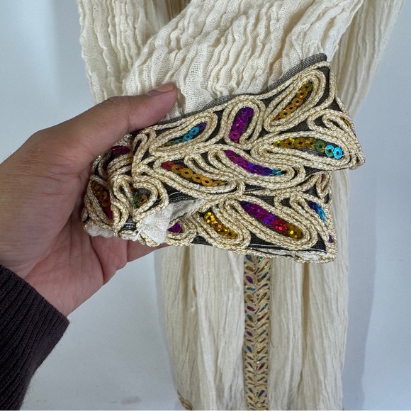 Vintage Ethiopian Cream Boho Maxi Dress Beaded Sequin Embroidered Ethnic - Picture 8 of 15